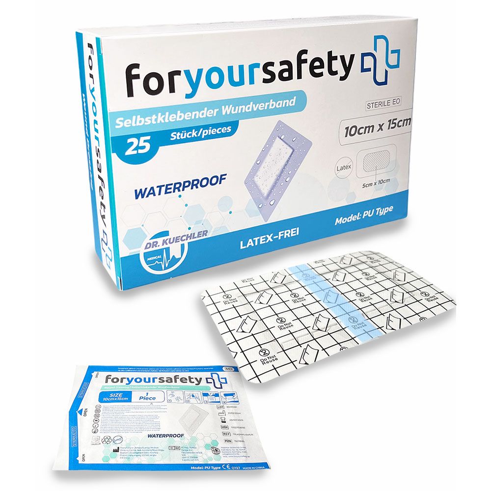 Confezione e cerotti singoli. Scritta: foryoursafety, 10x15cm, senza lattice. Marchio: Dr. Kuechler. Confezione singola.