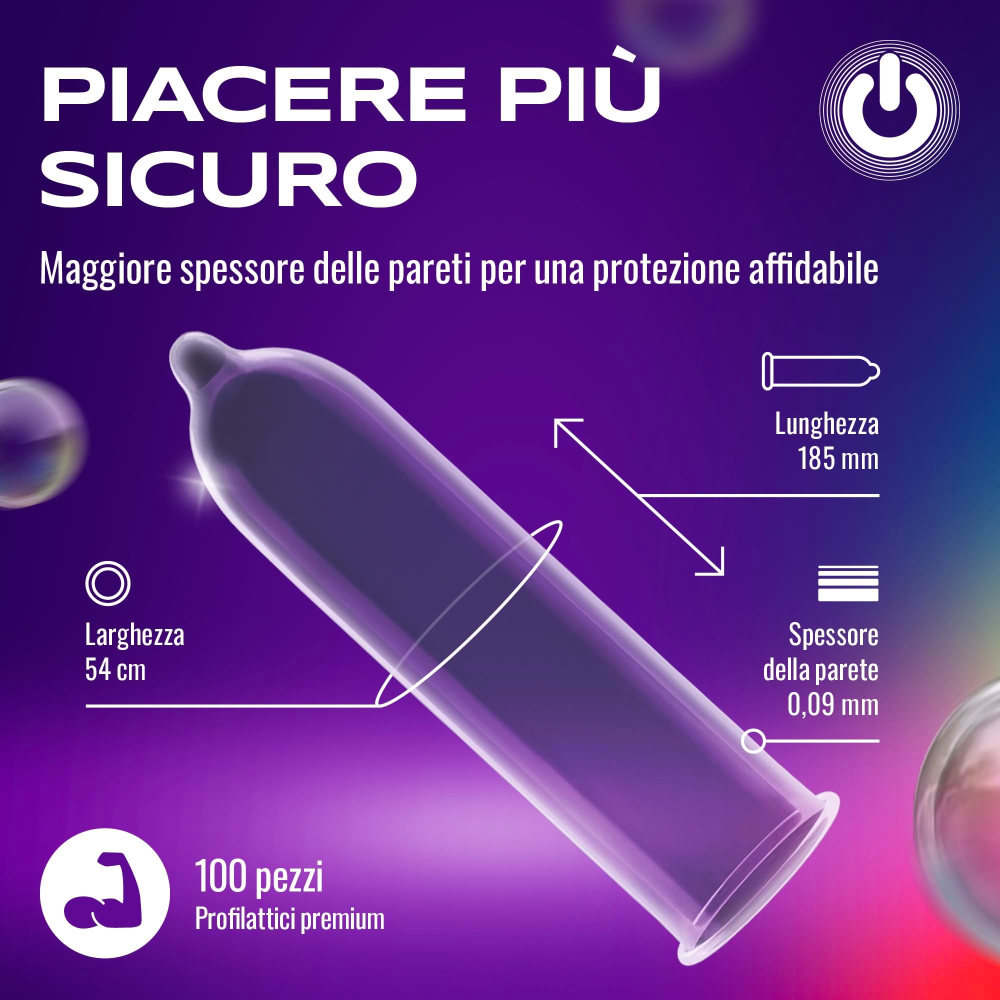 Preservativo ON) Strong: Lunghezza 185 mm, larghezza 54 mm, spessore parete 0,09 mm. Trasparente.