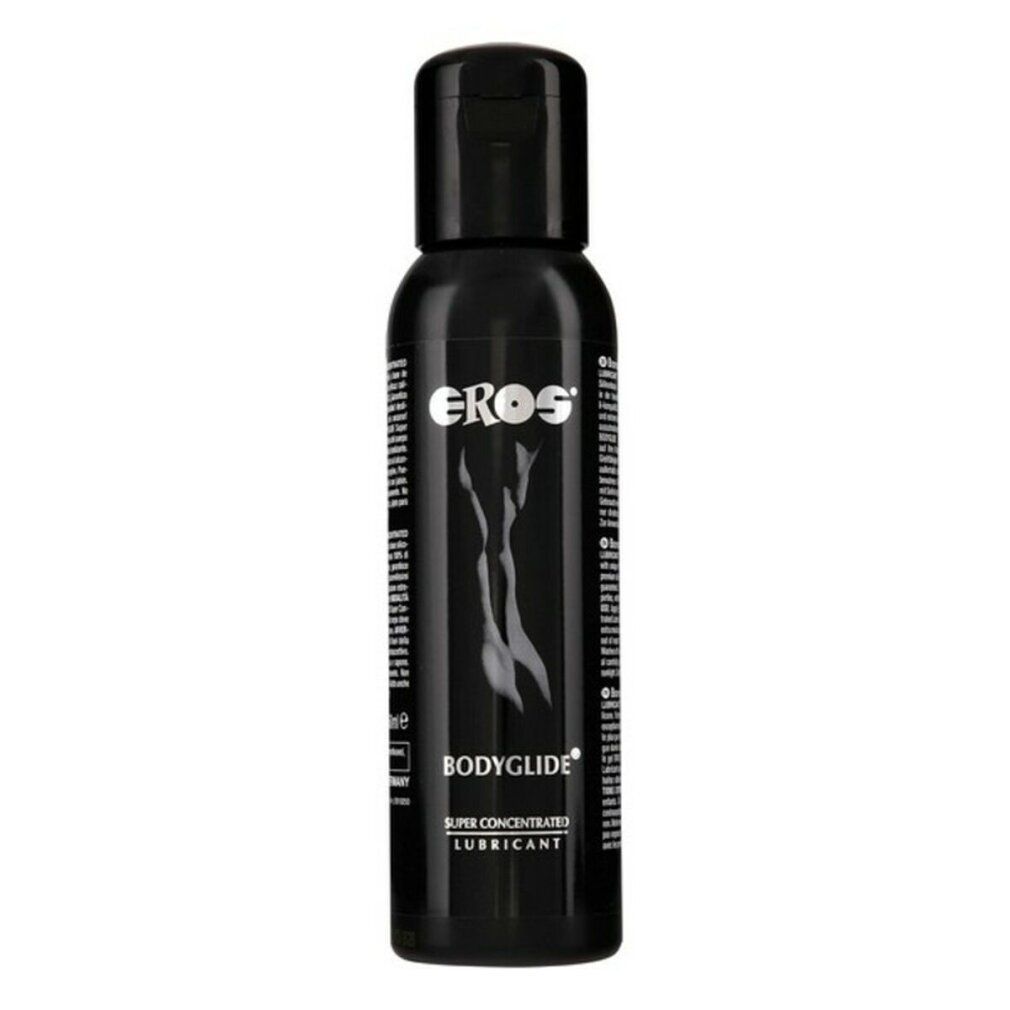Flacone nero con tappo a ribalta. Scritte EROS, BODYGLIDE e SUPER CONCENTRATED LUBRICANT. Silhouette femminile.