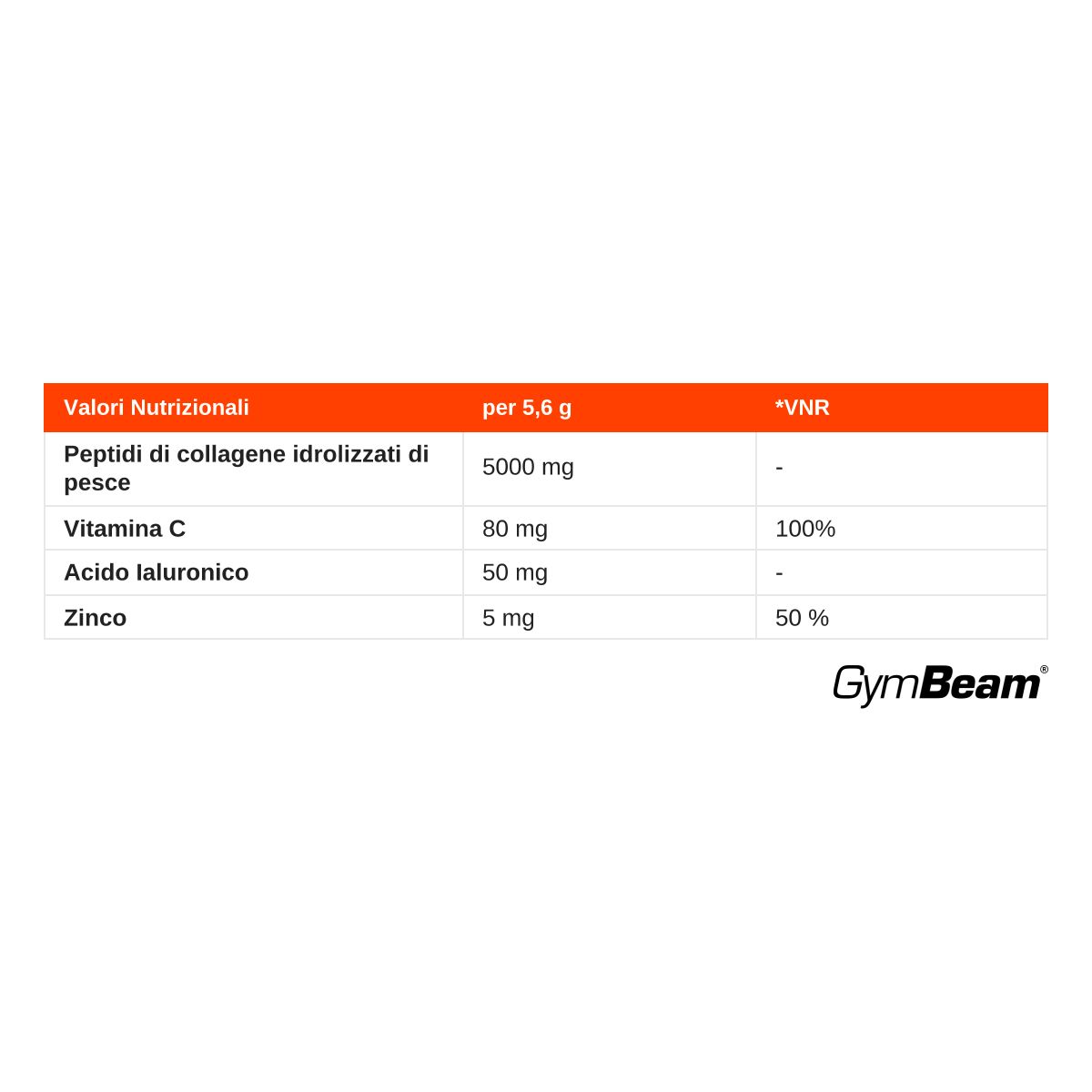 Valori nutrizionali per GymBeam Marine Collg+: Peptidi di collagene idrolizzato di pesce, Vitamina C, Acido ialuronico, Zinco. Logo GymBeam.