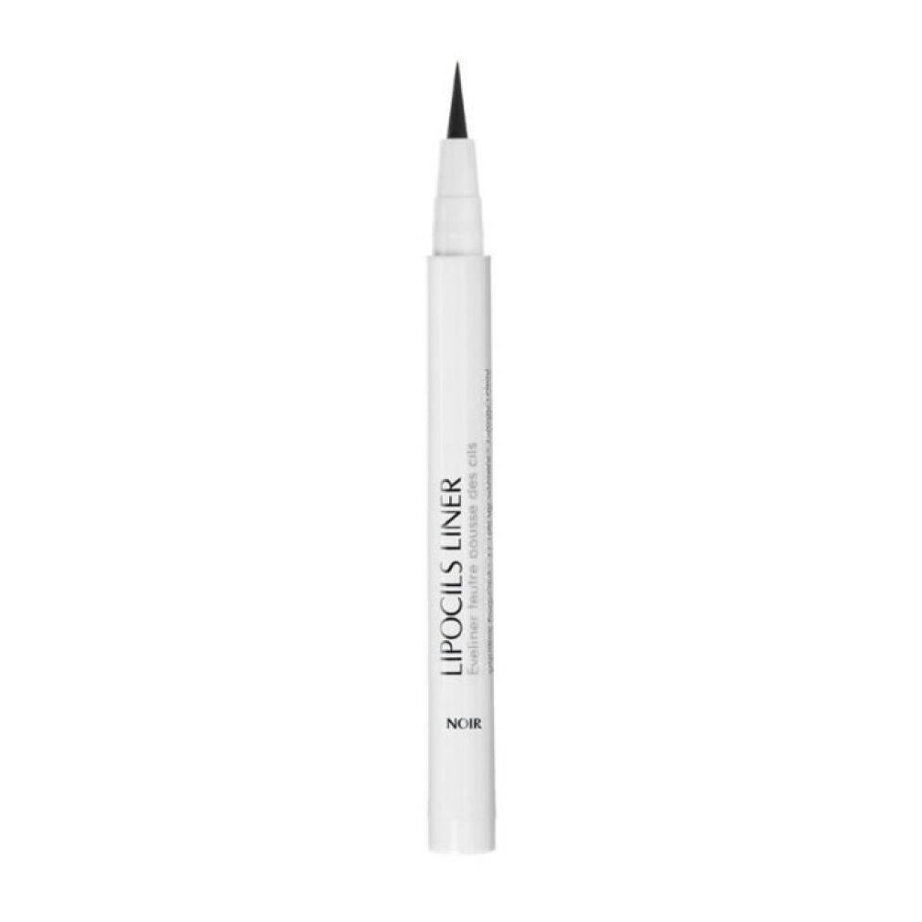 Eyeliner liquido nero in penna con punta fine, corpo bianco.