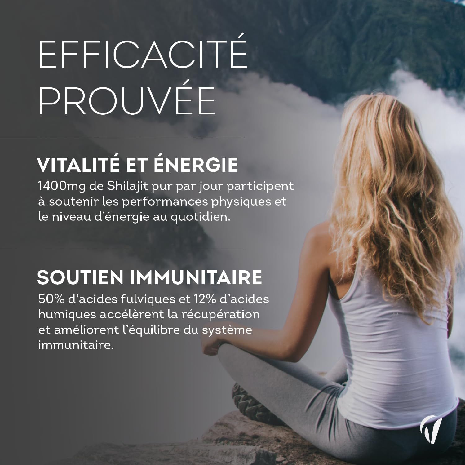 Donna seduta su una roccia. Testo: Più vitalità ed energia, potenziamento immunitario.