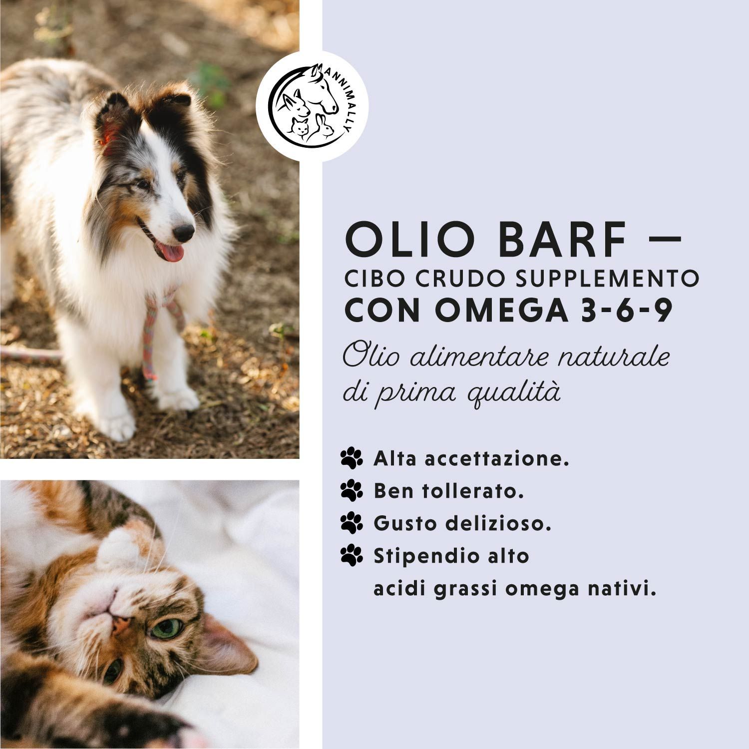 Cane e gatto. Testo su BARF-Öl con Omega 3-6-9. Logo con cane, gatto e coniglio.