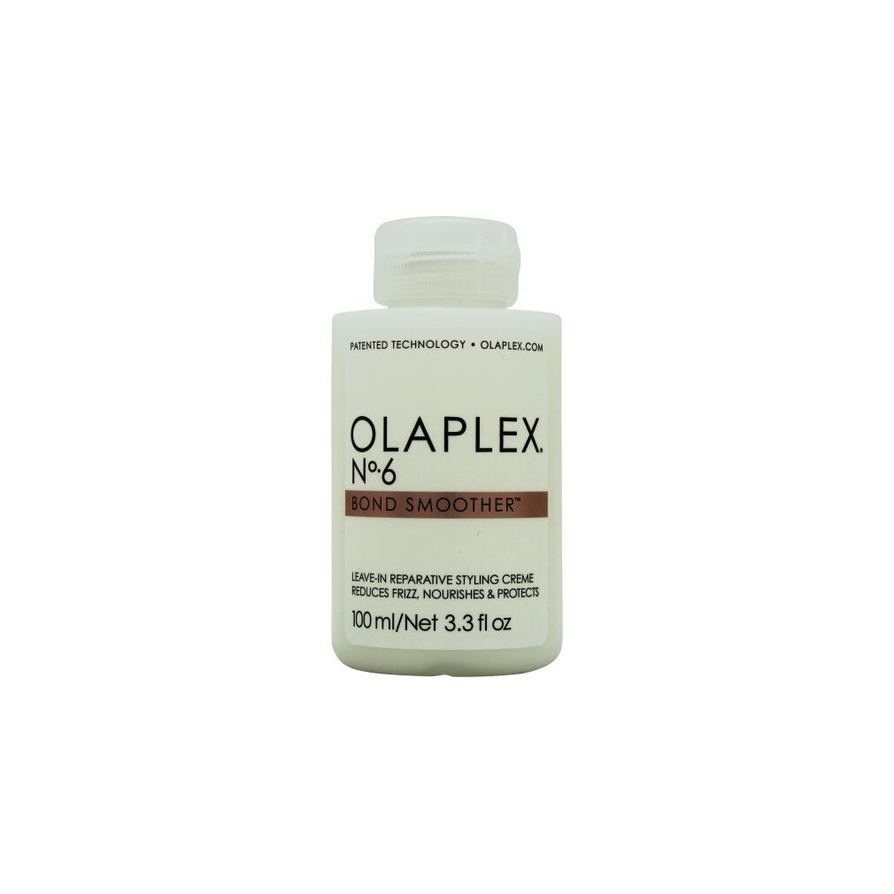 Flacone bianco Olaplex No.6 Bond Smoother. Striscia marrone con testo. 100 ml/3.3 fl. oz. Tappo bianco.