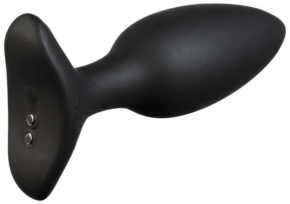 Buttplug nero. Vista angolata. Due punti metallici sulla base. Marchio: Lovense.