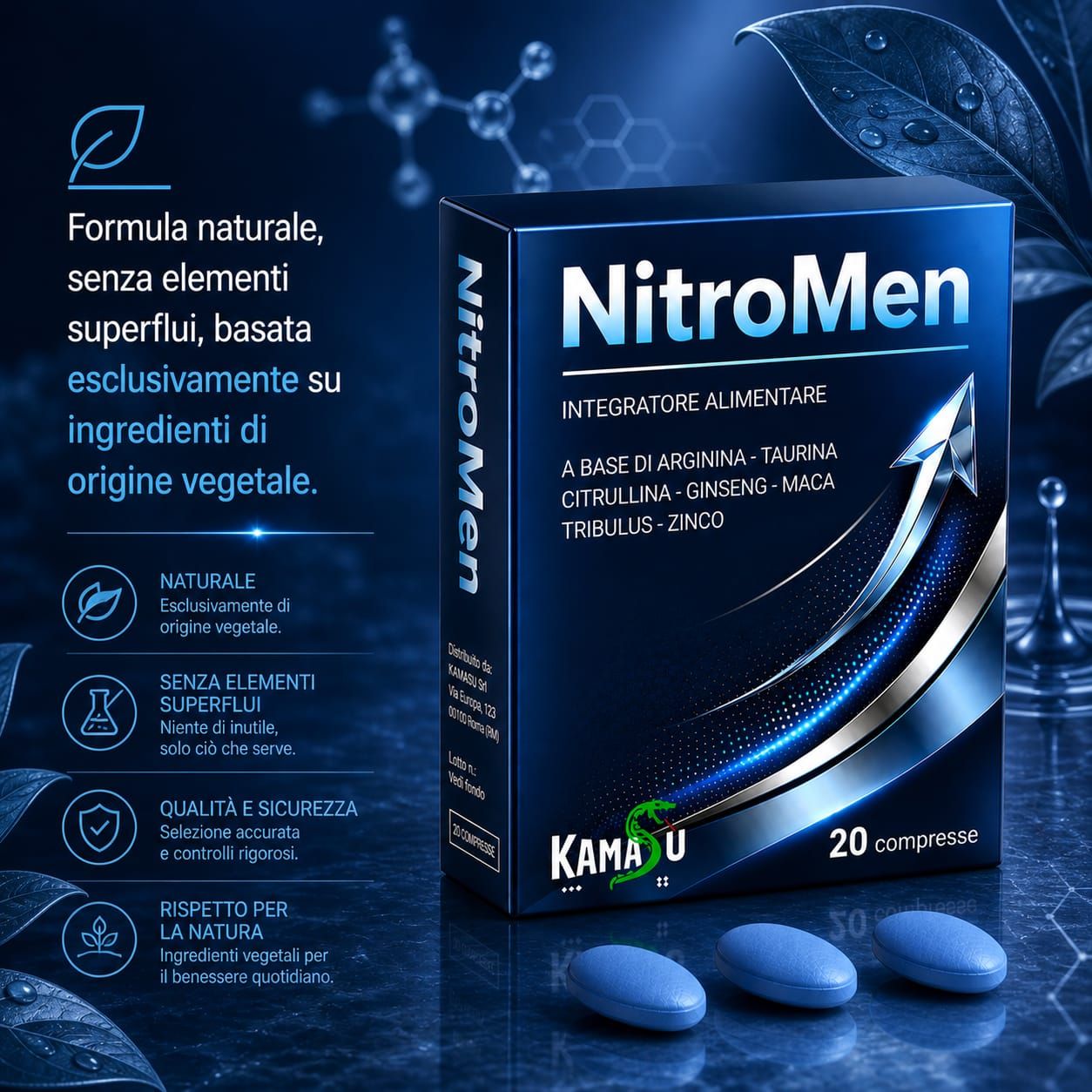 Scatola di integratore alimentare NitroMen con 20 compresse. Contiene ingredienti vegetali.