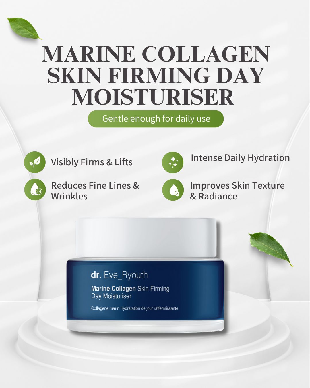 Vaso di crema su piedistallo. Scritta: Marine Collagen Skin Firming Day Moisturiser. Con foglie e icone.