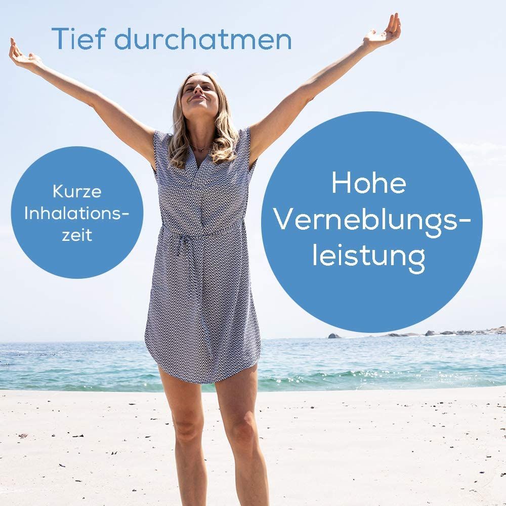 Donna sulla spiaggia, braccia aperte. Testo: Respirare profondamente. Cerchi blu con testo: Tempo di inalazione breve, Alta nebulizzazione.