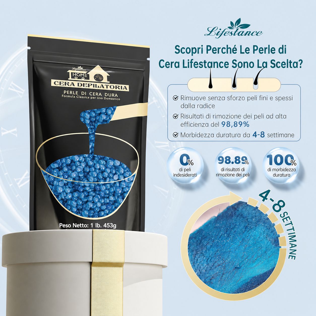 Busta nera con perle di cera blu. Testo: Lifestance, 0% peli indesiderati, 98,89% rimozione peli, 100% levigatezza.