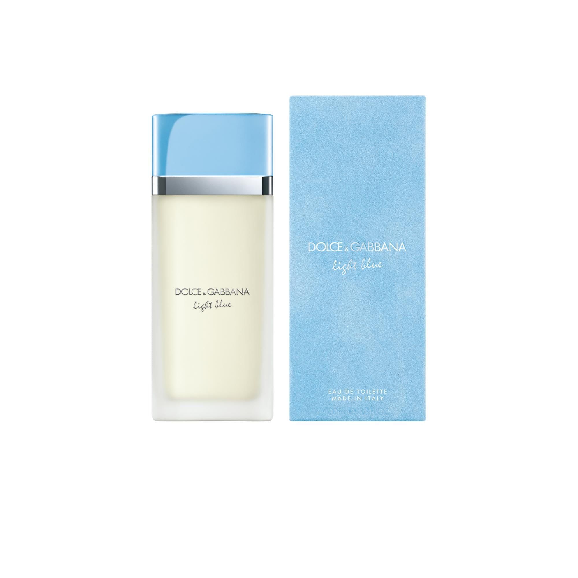 Flacone rettangolare con tappo azzurro e confezione azzurra. Scritta: Dolce & Gabbana Light Blue.