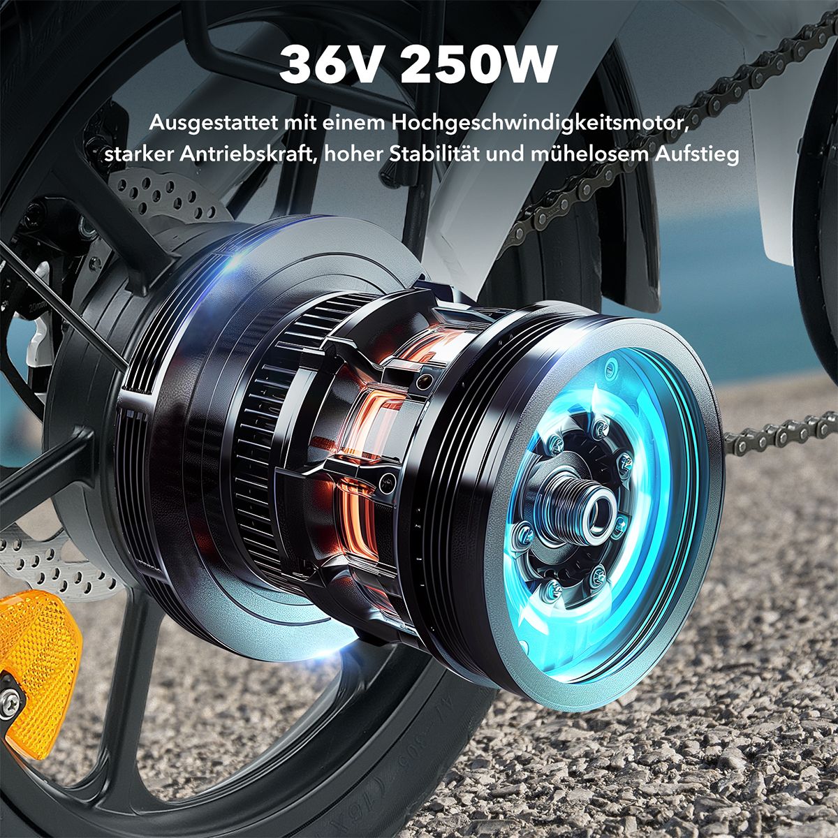 Primo piano del motore elettrico di una e-bike. Testo: 36V 250W, motore ad alta velocità.