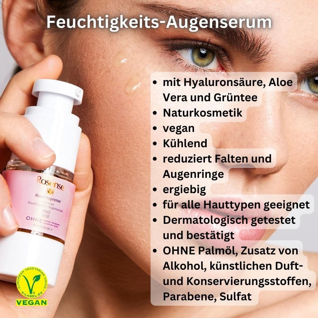 Dispenser bianco Rosense. Testo: Siero occhi idratante, con acido ialuronico, aloe vera, vegano, rinfrescante, dermatologicamente testato.