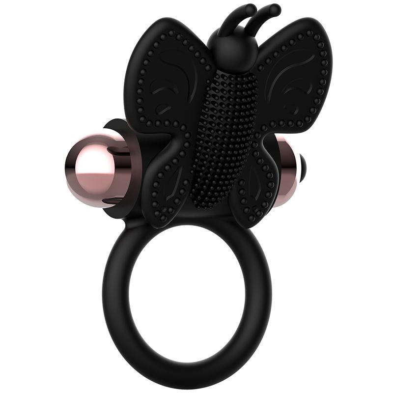 Anello vibrante nero, design a farfalla, elementi oro rosa.