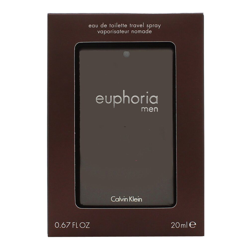 Confezione marrone. Scritta: euphoria men, Calvin Klein. Spray da viaggio 20ml.
