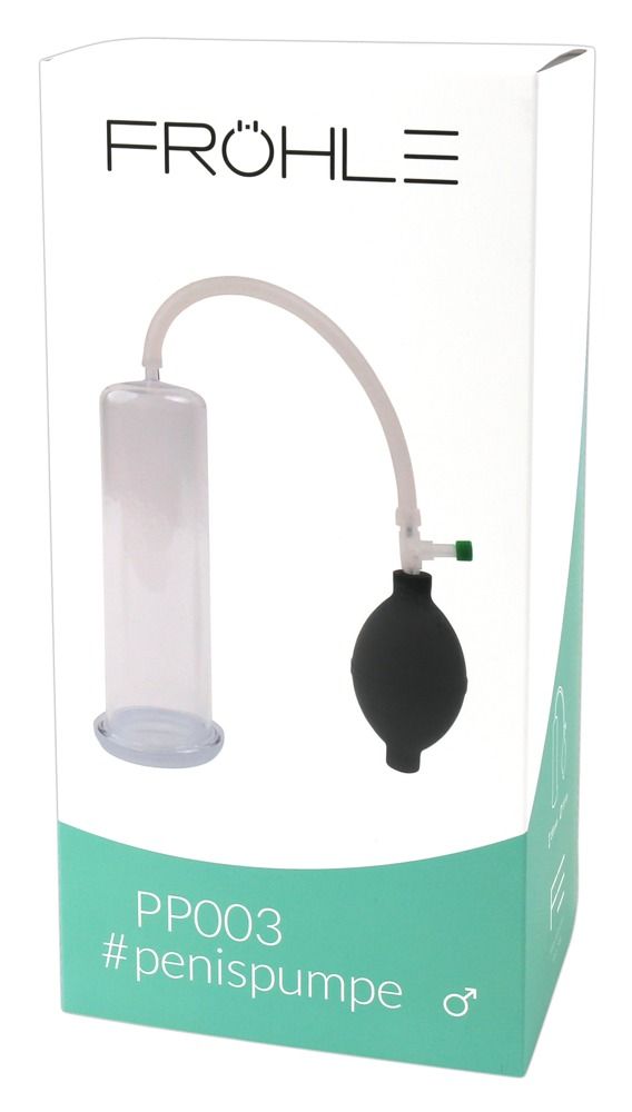 Pompa per pene con cilindro trasparente, palloncino nero e tubo.