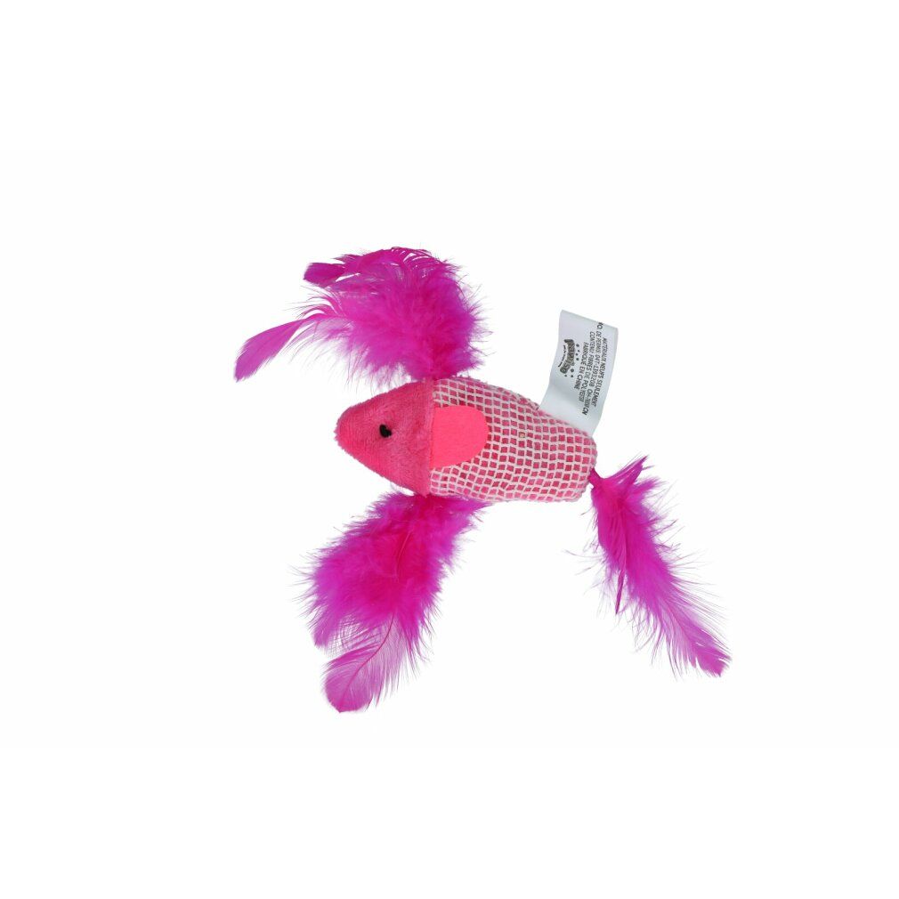 Giocattolo per gatti rosa a forma di pesce con piume. Etichetta sul giocattolo.