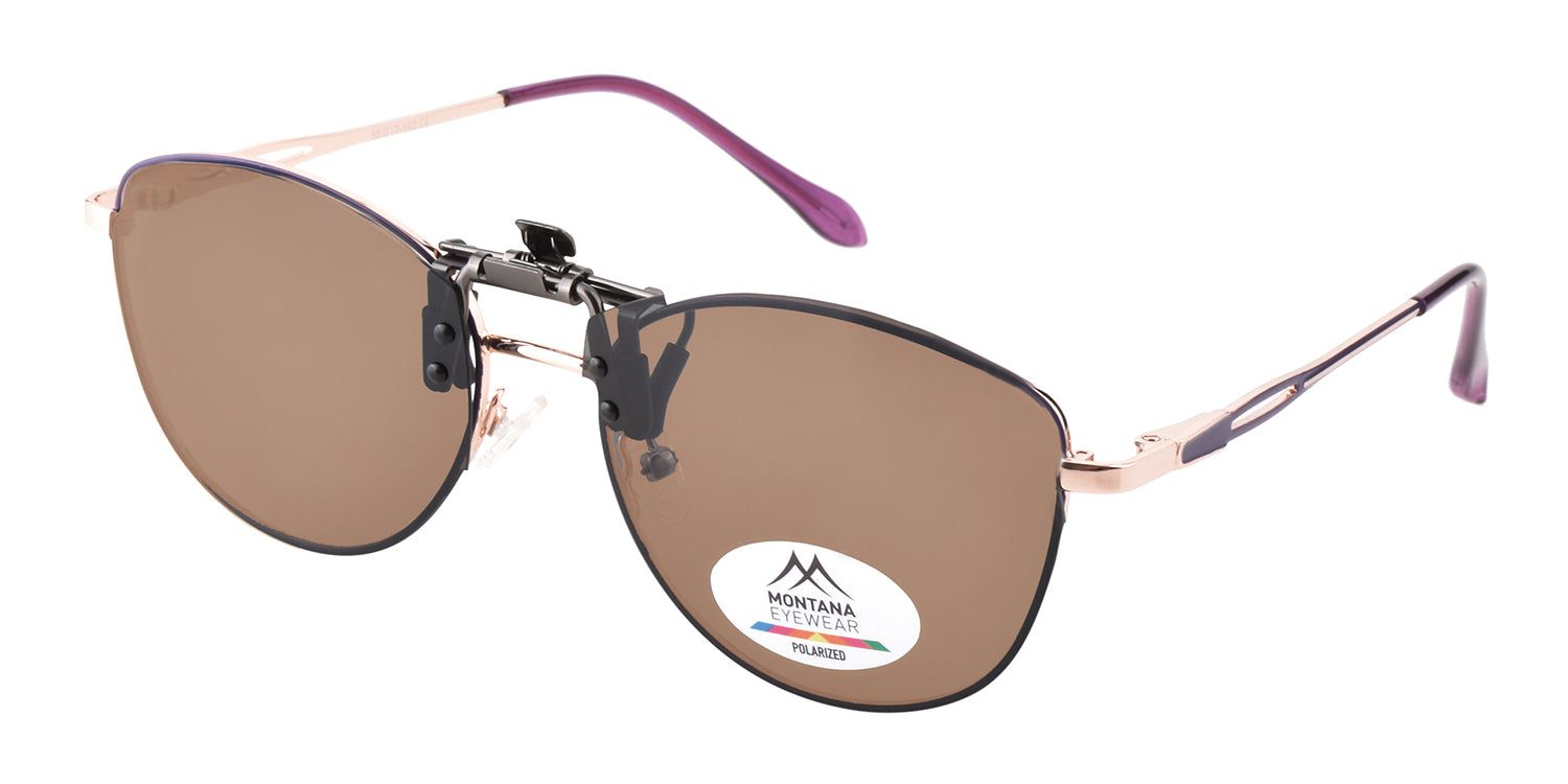 Occhiali da sole Montana Eyewear Sopot flip-up, lenti marroni, montatura nera, aste dorate. Logo visibile.
