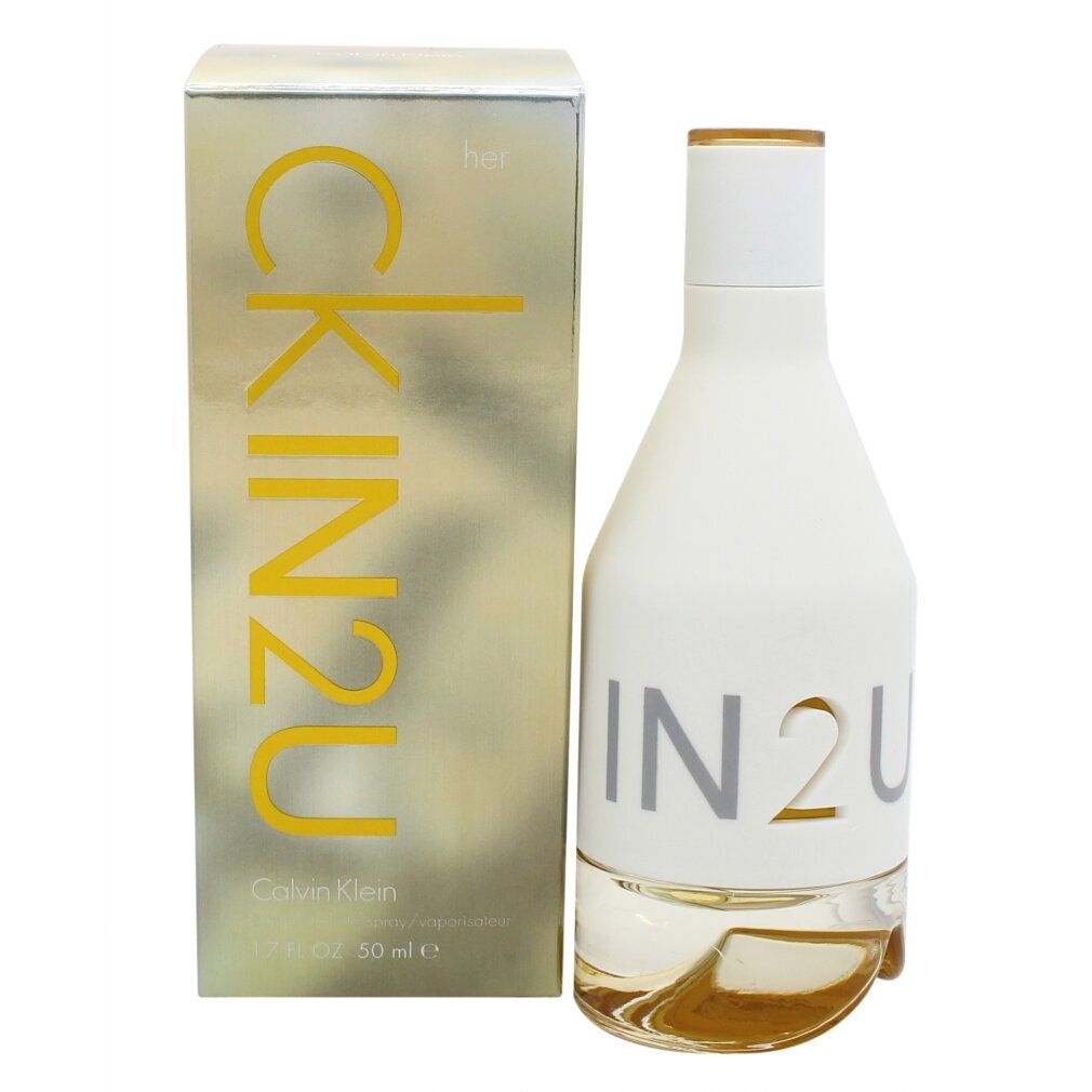 Flacone di profumo e scatola. Flacone bianco, scritta IN2U. Scatola con scritta gialla CK IN2U, Her.