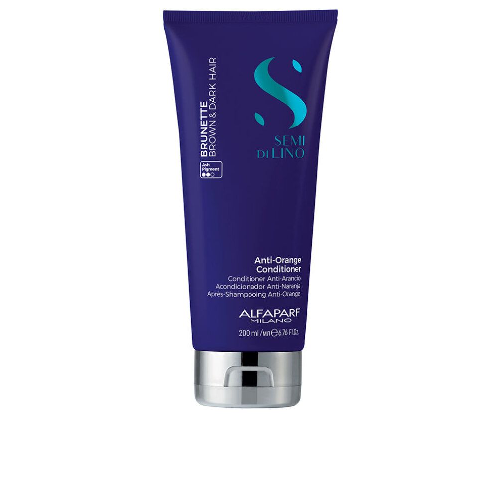 Tubo blu scuro con testo. Scritta: Semi Di Lino, Brunette, Anti-Orange Conditioner. Marchio: Alfaparf Milano.