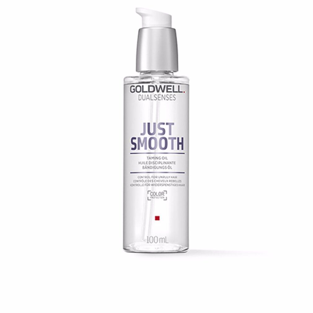 Goldwell Dualsenses Just Smooth Taming Oil. Flacone trasparente con dosatore. Nome del prodotto e marchio visibili.