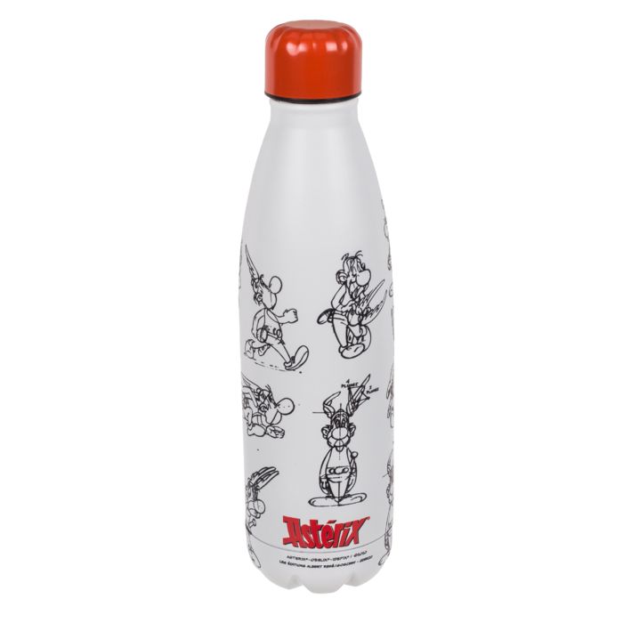Borraccia bianca con tappo rosso e disegni di Asterix. Bottiglia in metallo.