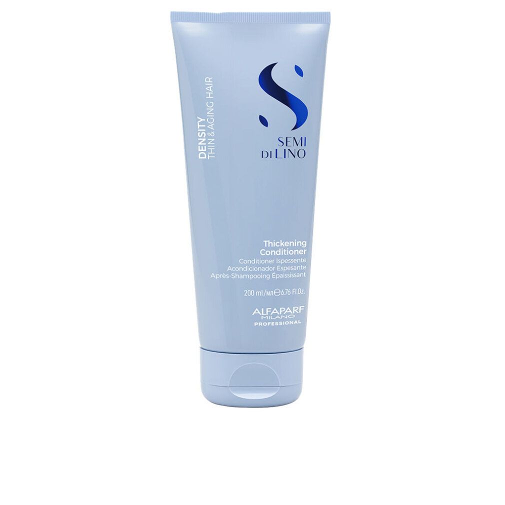 Tubo azzurro con scritta: Semi di Lino. Testo: Thickening Conditioner. Marchio: Alfaparf Milano. Volume: 200 ml.