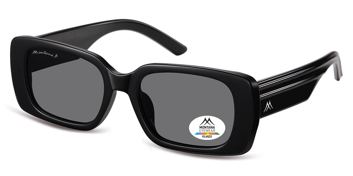 Occhiali da sole neri con lenti rettangolari. Logo Montana Eyewear sulla lente. Lenti polarizzate.