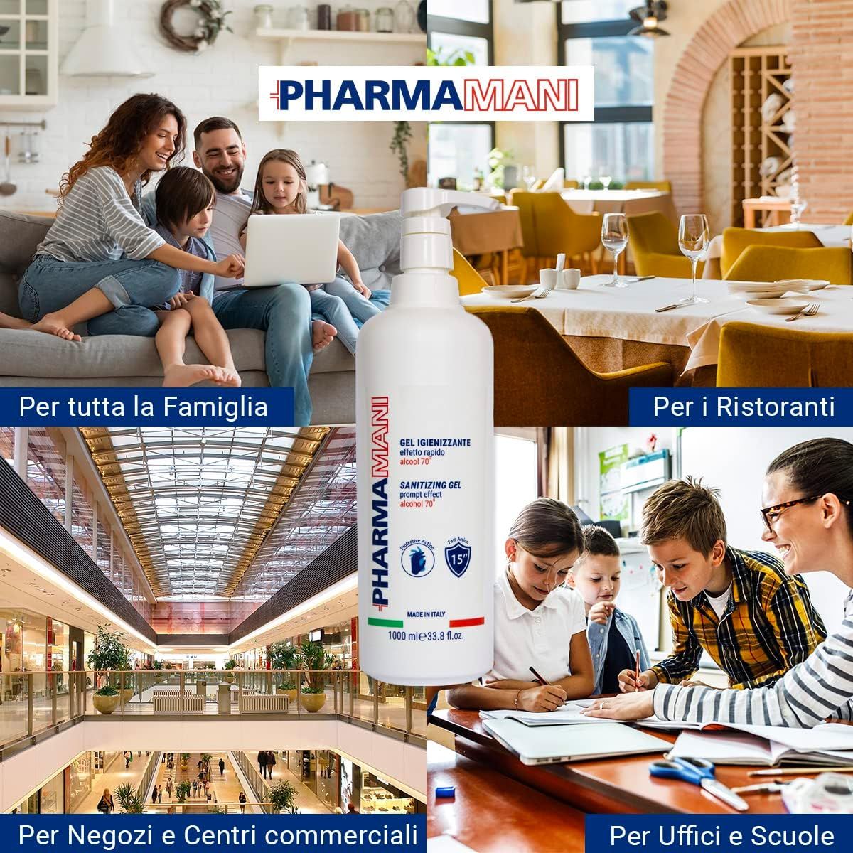 Quattro scene con prodotto PHARMAMANI. Famiglia, ristorante, centro commerciale, ufficio/scuola. Testo: Per tutta la Famiglia, Per i Ristoranti.