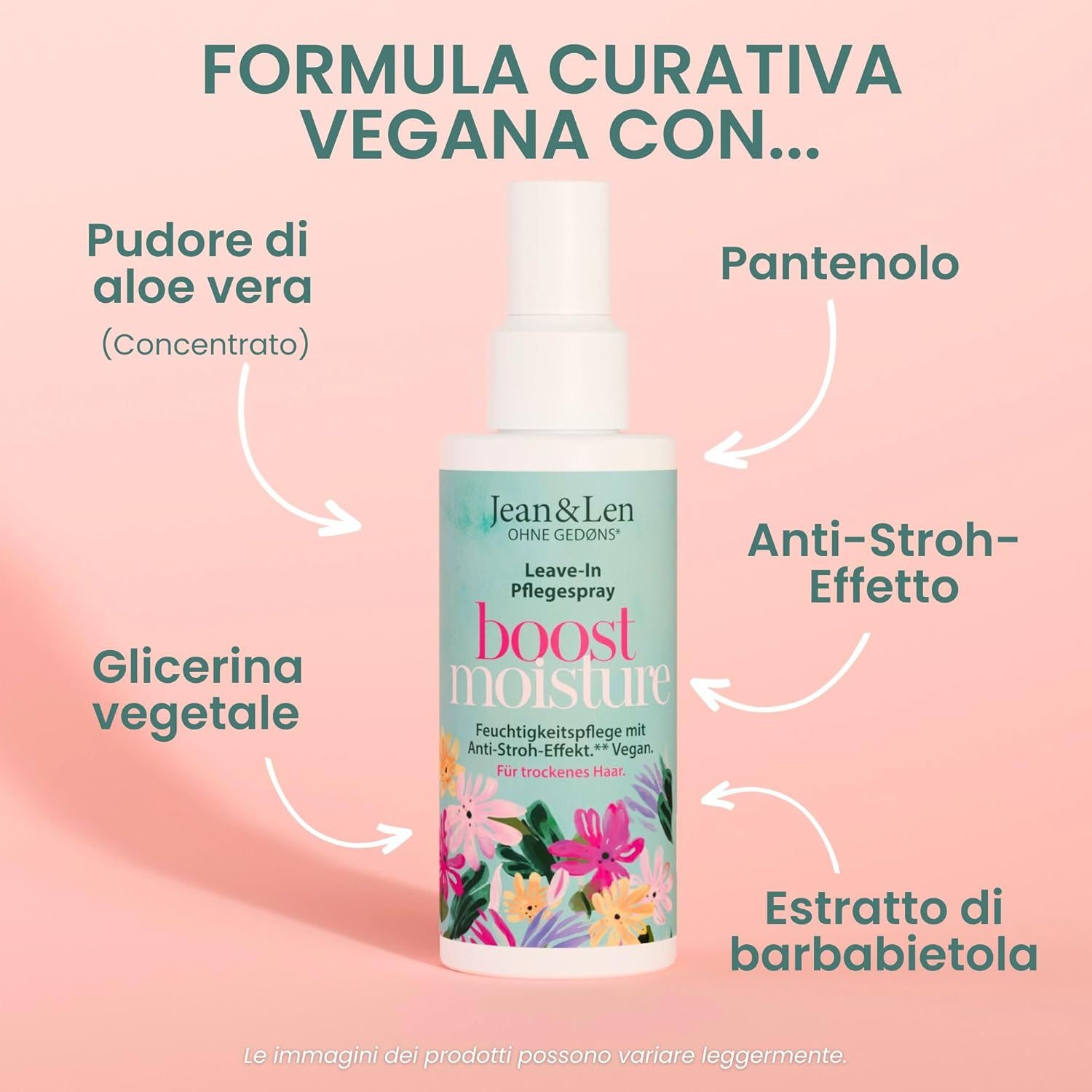 Spray bianco con design floreale. Testo: Jean & Len, Leave-In Pflegespray, boost moisture. Ingredienti: Aloe Vera, Pantenolo, Glicerina.