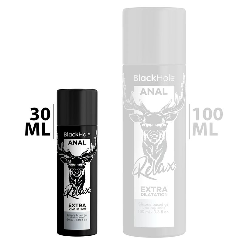 Flacone nero "Black Hole ANAL Relax Extra Dilatation". Confronto dimensioni 30 ml e 100 ml.