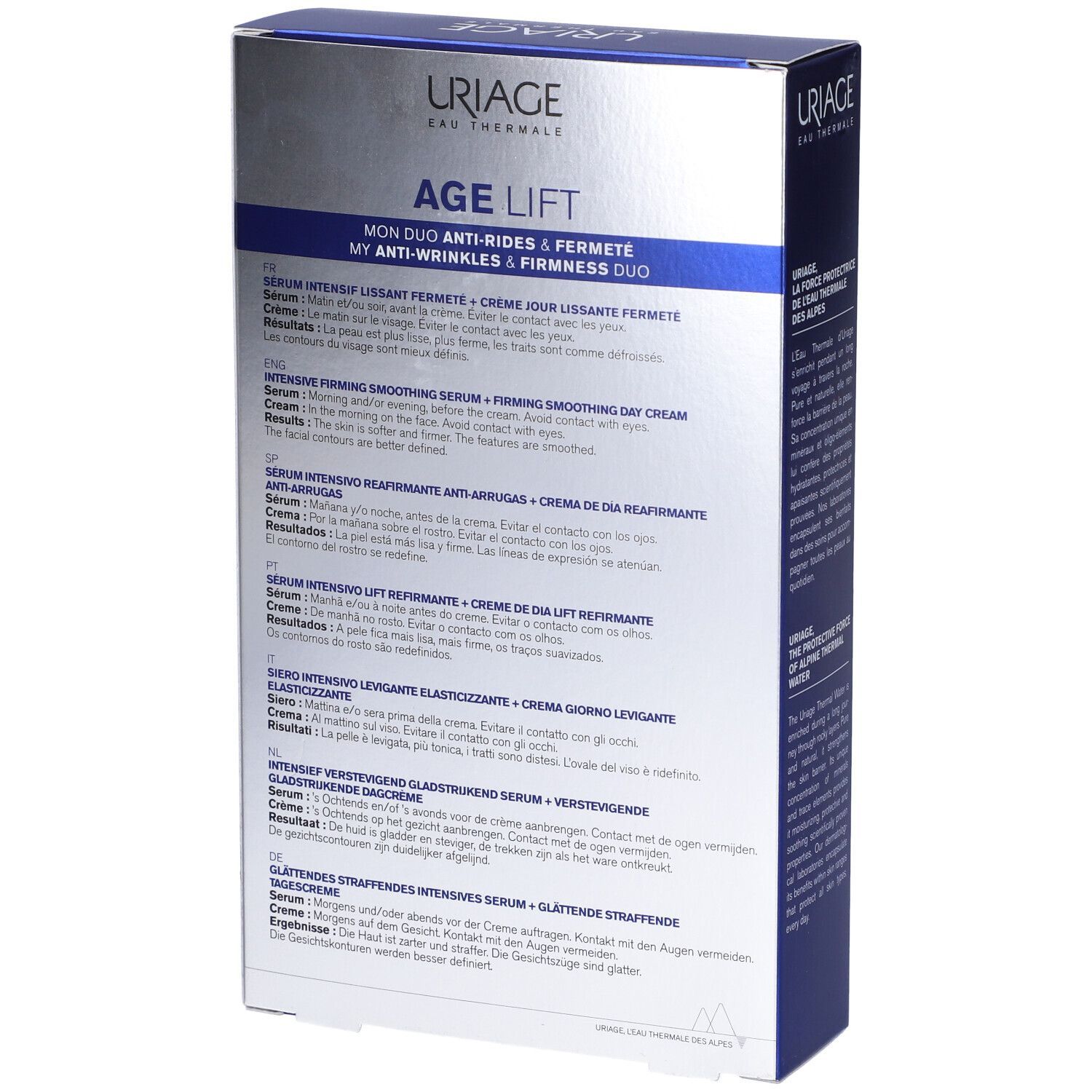 Retro del set regalo Uriage Age Lift. Testo multilingue. Nome e logo del prodotto.