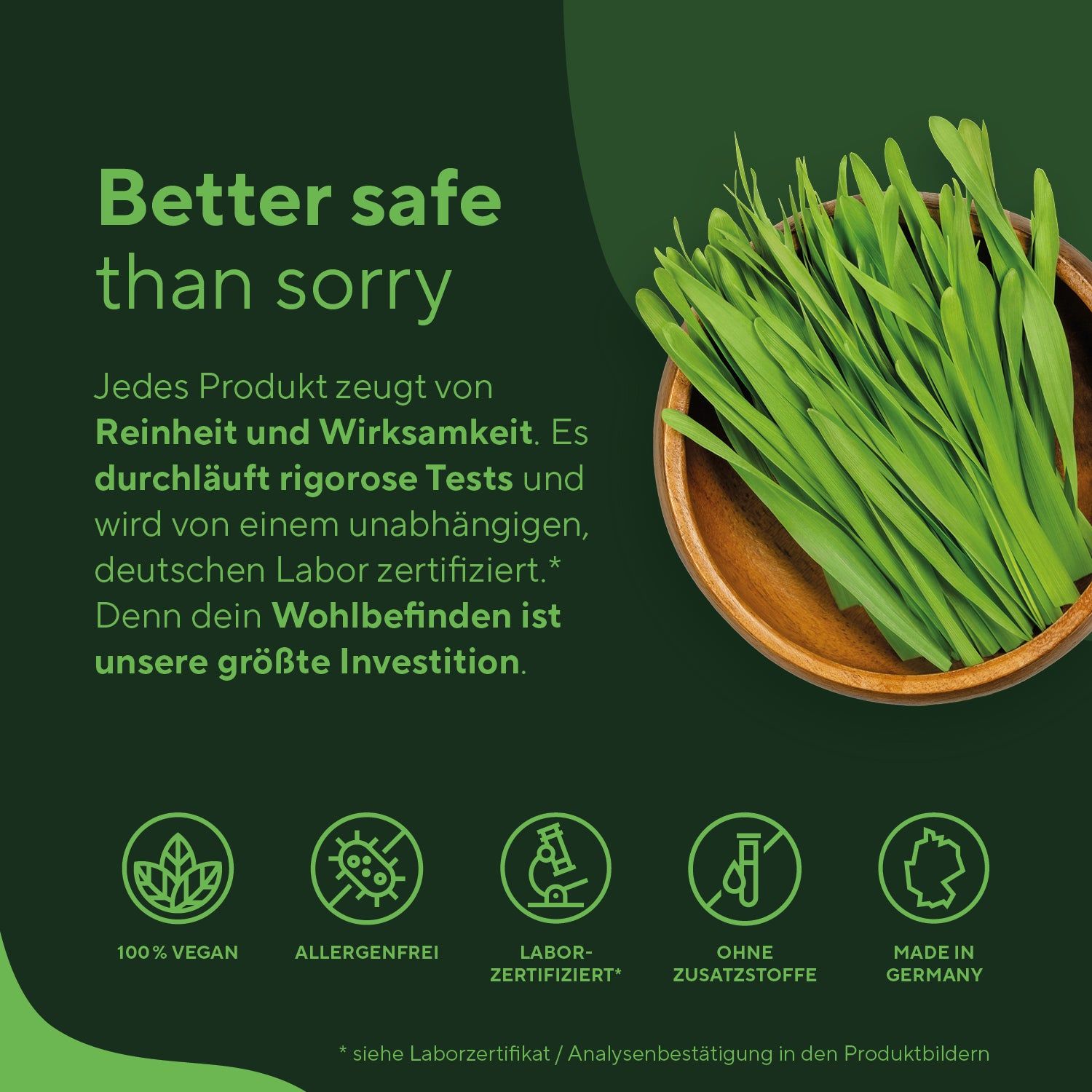 Sfondo verde con loghi. Testo: Meglio prevenire che curare. 100% vegano, senza allergeni, certificato in laboratorio, senza additivi, Made in Germany.