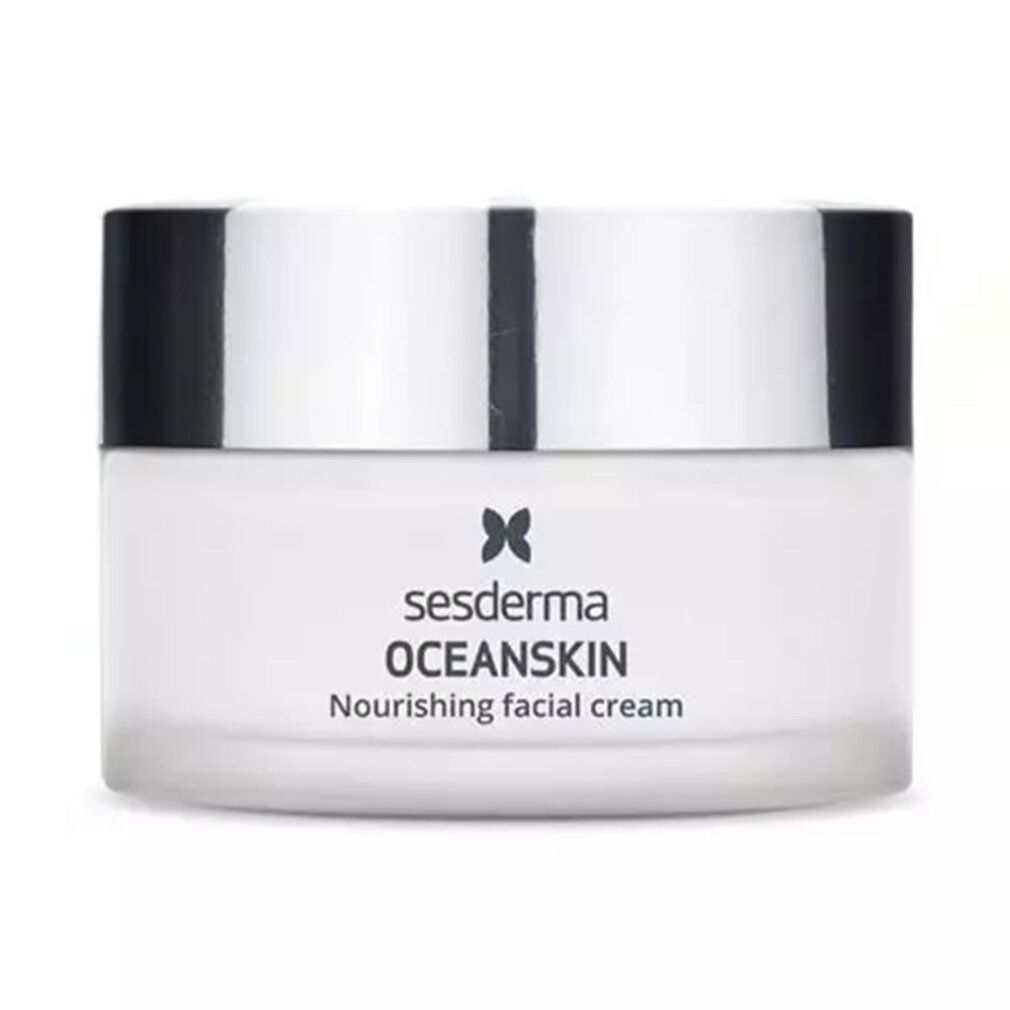 Vaso di crema con coperchio argentato. Scritta: Sesderma Oceanskin Nourishing facial cream.