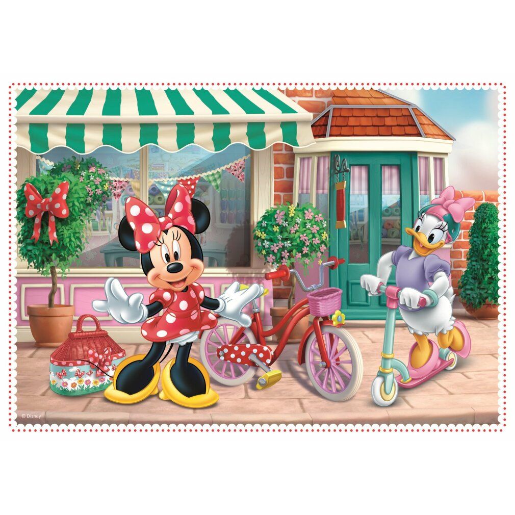 Puzzle con Minnie e Paperina davanti a un negozio. Minnie è accanto a una bicicletta, Paperina su uno scooter.