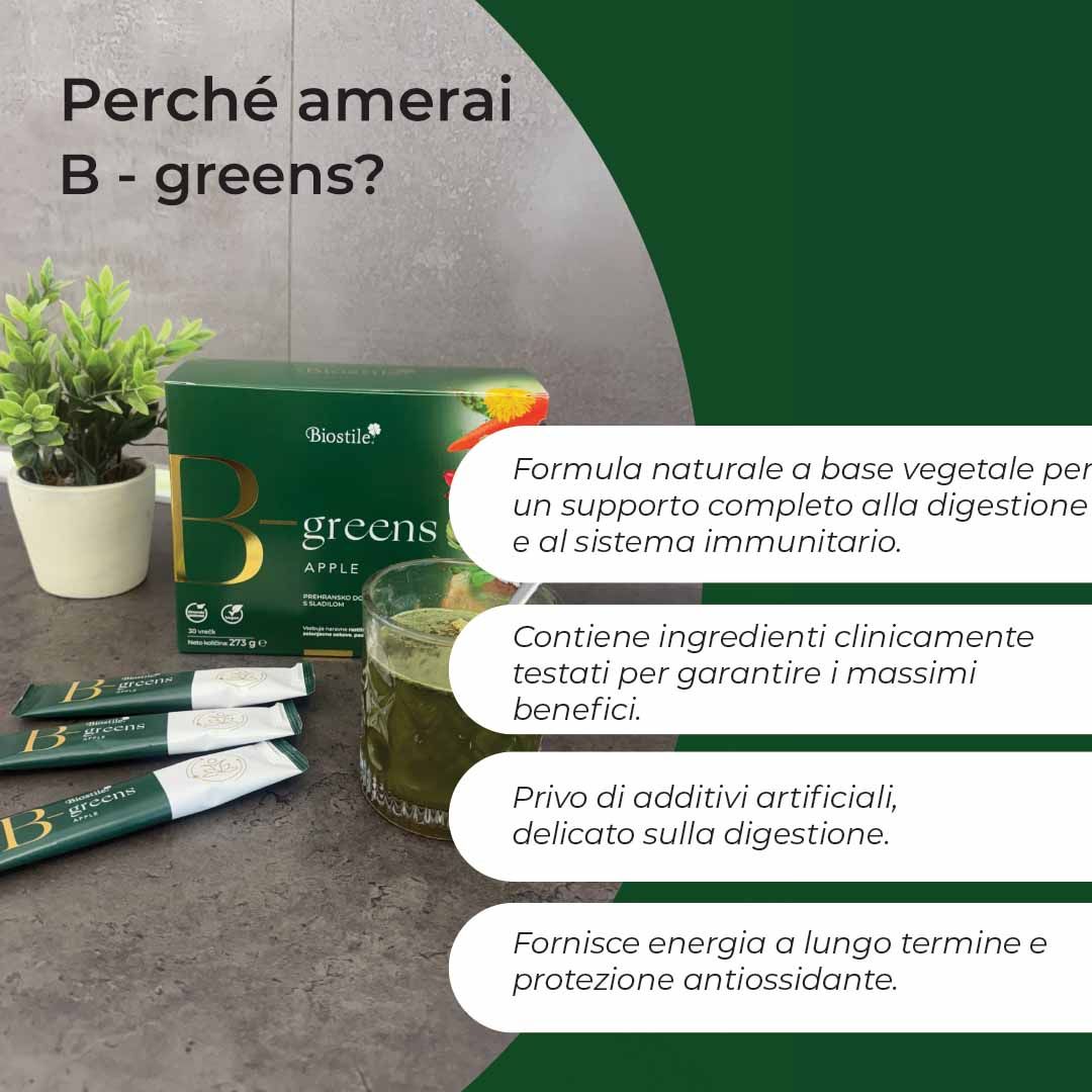 Scatola B-Greens accanto a bicchiere con bevanda verde e bustine. Testo: "B-greens".