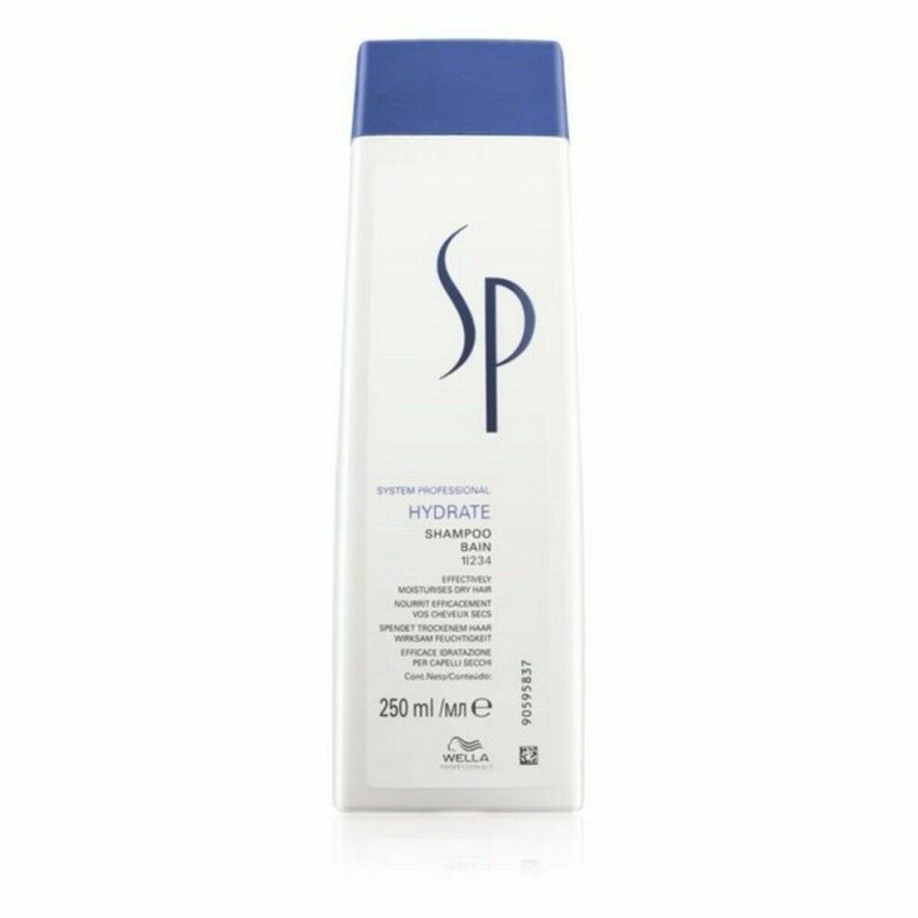 Shampoo bianco, tappo blu. Logo SP e nome prodotto. 250 ml. Logo Wella.