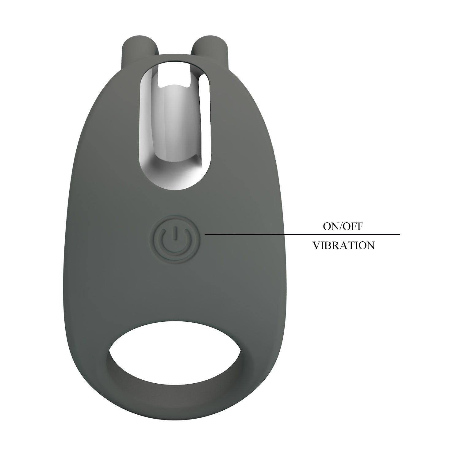 Anello grigio con due protuberanze e un pulsante con la scritta ON/OFF VIBRATION. Su sfondo bianco.