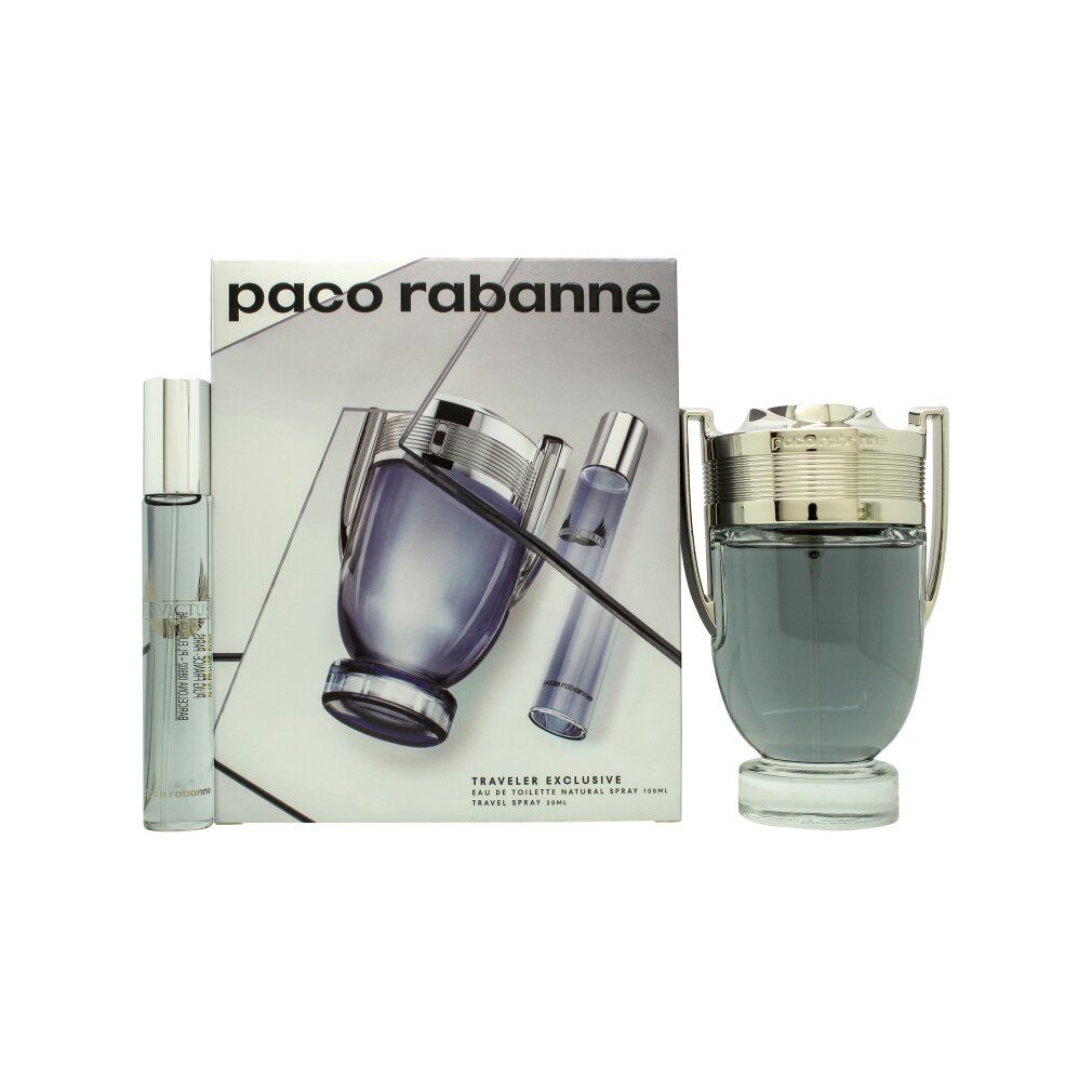Set regalo con flacone, vaporizzatore e confezione. Flacone con tappo argentato e liquido grigio. Confezione con immagine del prodotto.