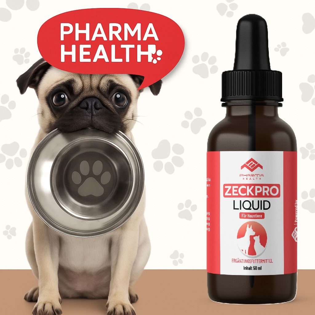 Flacone marrone con tappo nero e pipetta. Etichetta rossa con testo: Zeckpro Liquid. Un carlino tiene una ciotola.