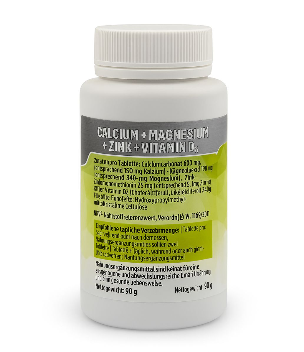 Flacone di compresse bianco con tappo a vite. Scritta: Calcium + Magnesium + Zinco + Vitamina D3. Retro con informazioni.