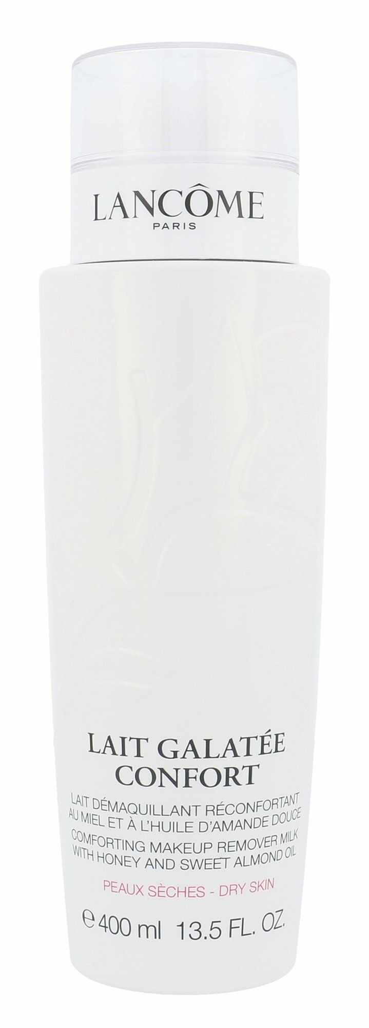 Flacone bianco con nome e testo del prodotto. Visibili: "LAIT GALATÉE CONFORT" e "400 ml 13.5 FL. OZ."