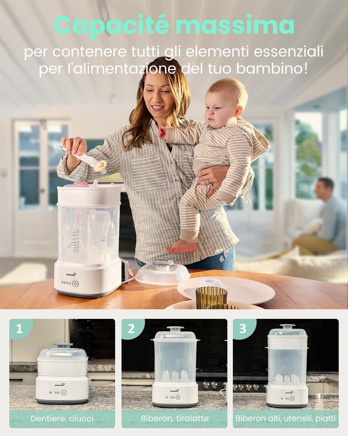 Sterilizzatore per biberon con funzione di asciugatura 5 in 1 Grownsy