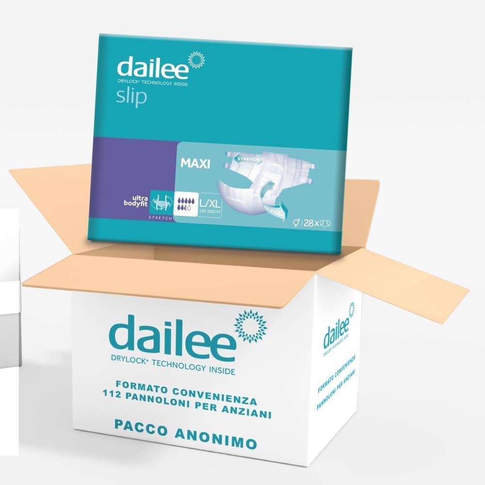 Scatola di Dailee Slip Maxi. Scritta: 112 pezzi, per anziani. Scatola aperta con confezione.