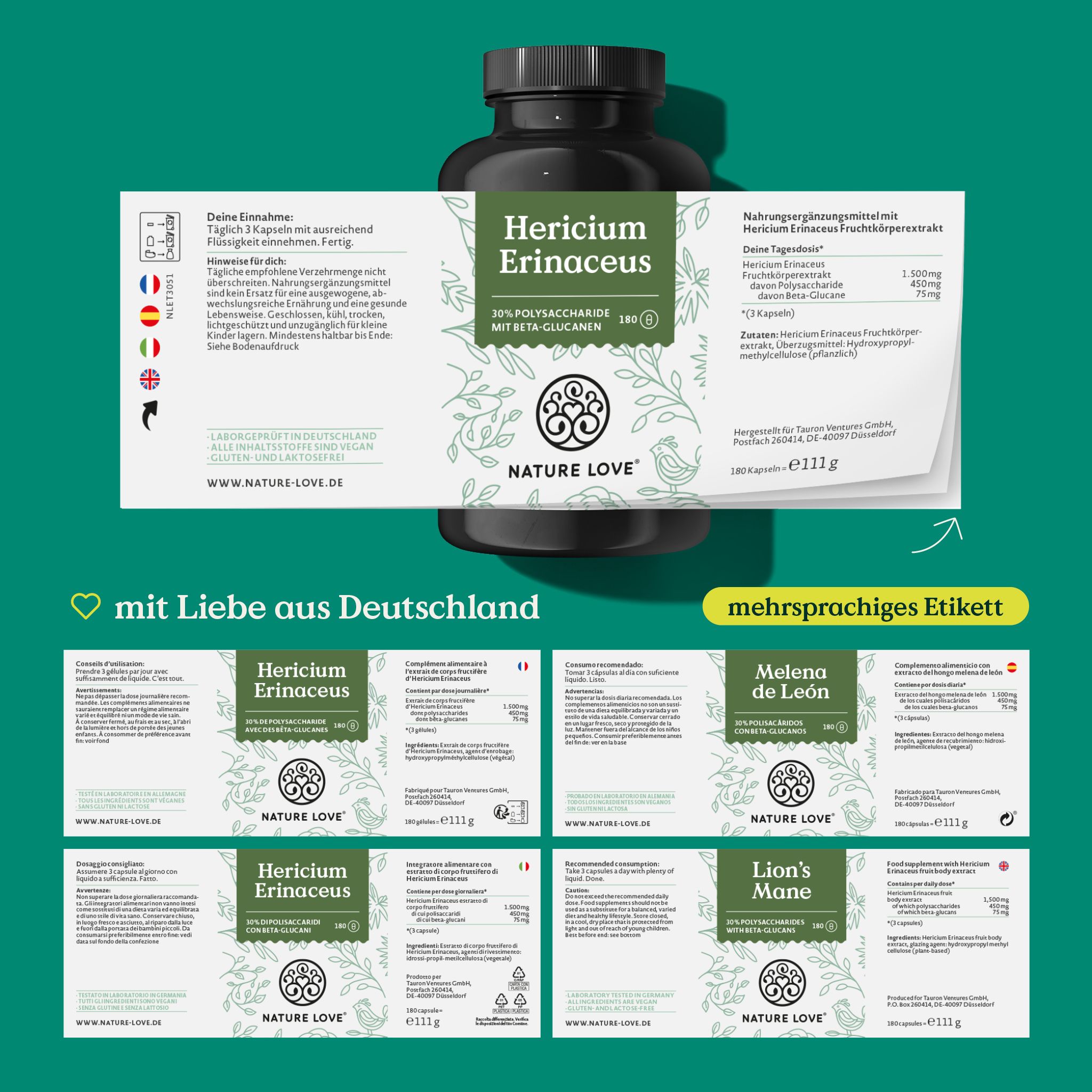 Etichetta multilingue con informazioni su Hericium Erinaceus. Contiene traduzioni in diverse lingue. Marchio: NATURE LOVE®.