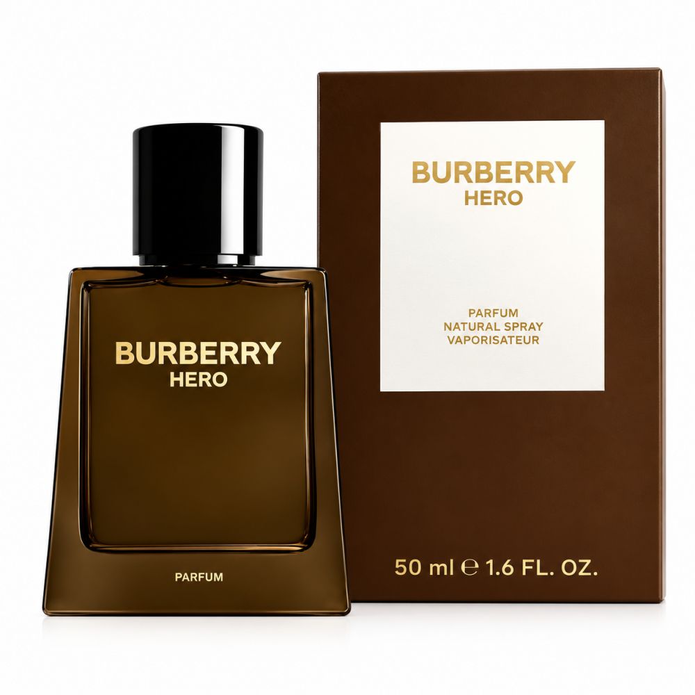Flacone Burberry Hero Parfum accanto alla sua confezione marrone. Flacone in vetro scuro, confezione con riquadro bianco.