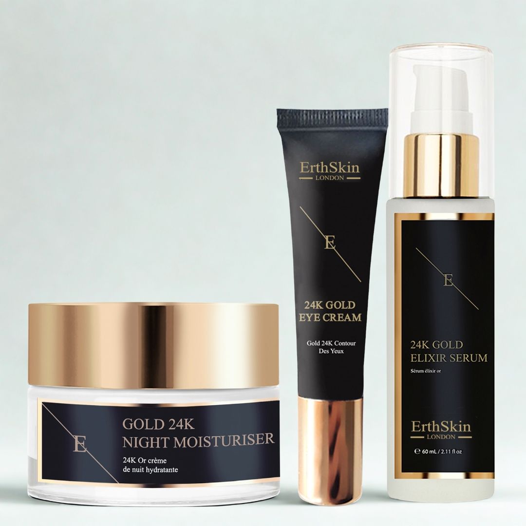 Tre prodotti cosmetici: crema notte, crema occhi e siero. Etichette nere con coperchi e scritte dorate. Marchio: ErthSkin London.