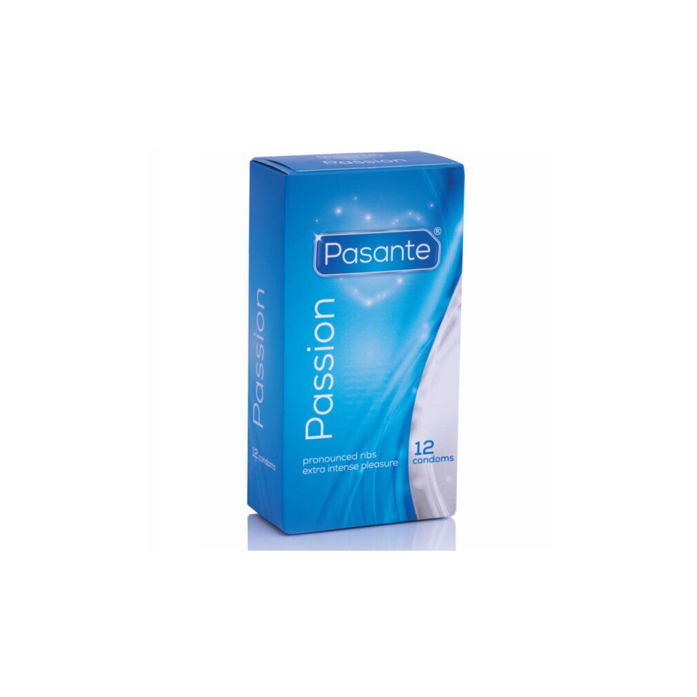Scatola blu di preservativi Pasante Passion. Contiene 12 preservativi. Con nervature pronunciate per un piacere più intenso.