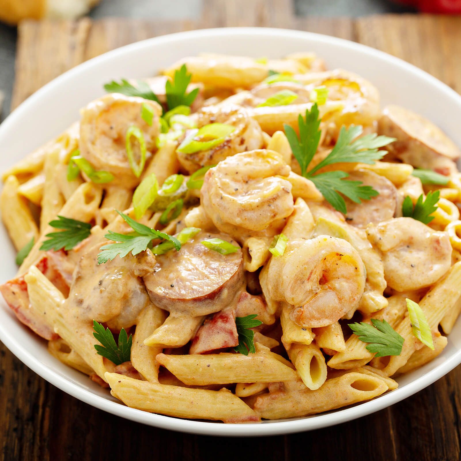 Ciotola di penne rigate con gamberi, salsiccia e salsa. Decorato con prezzemolo e cipolline.