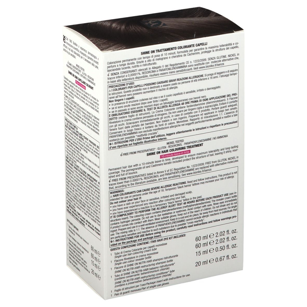 Confezione BioNike SHINE ON FAST 400 Castano. Contiene informazioni sugli ingredienti e l'uso. Colore castano, tempo di posa 10 minuti.