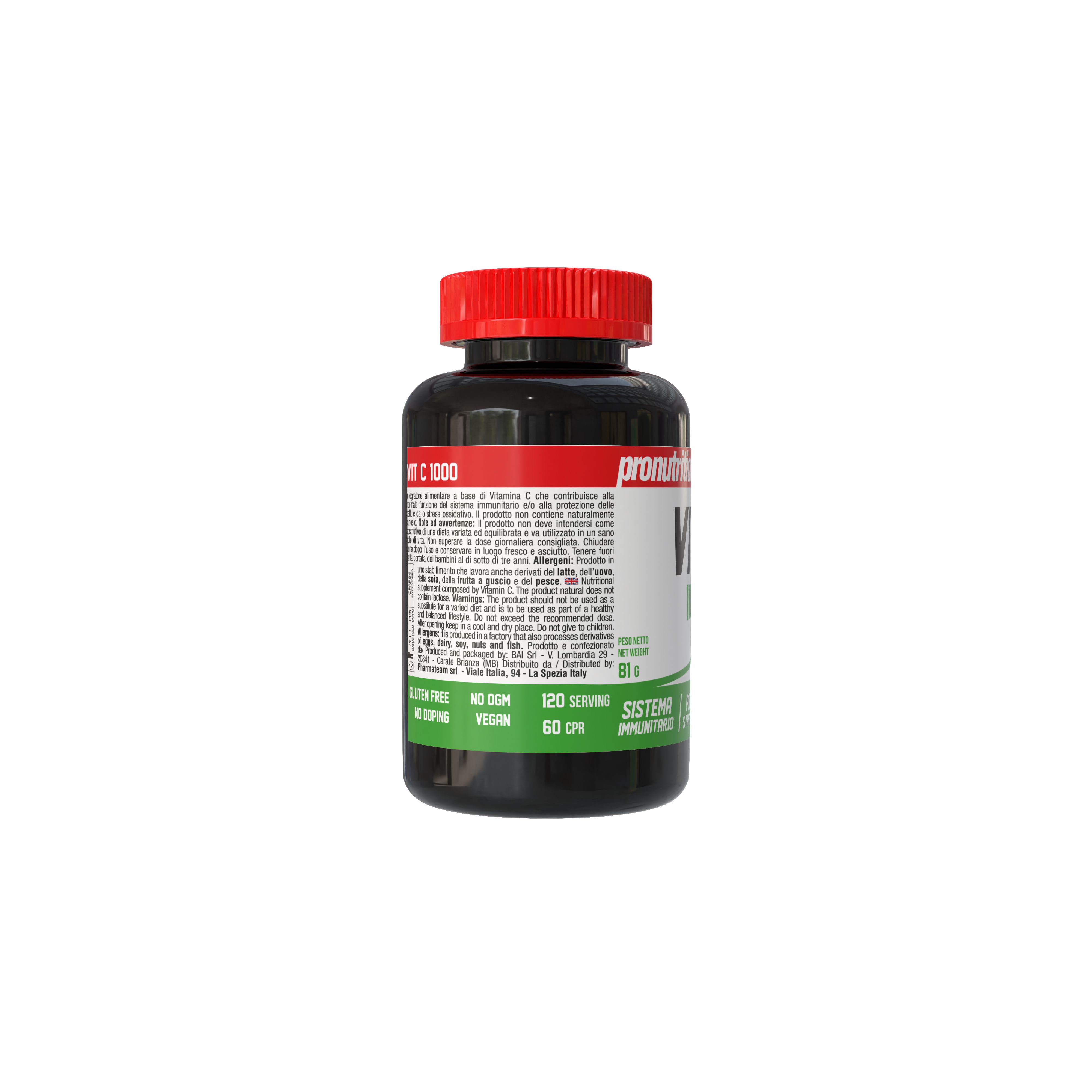 Flacone nero con tappo rosso. Scritta Vit C 1000. Retro con testo e loghi.